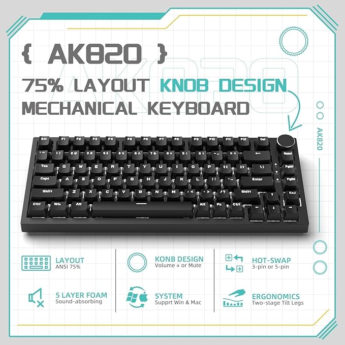 ATTACK SHARK x AJAZZ AK820 Teclado mecânico para jogos com fio 75% com botão CNC,ANSI,junta,5 espumas de absorção de som,interruptor vermelho hot-swap,retroiluminação branca,para PC MAC(Preto)