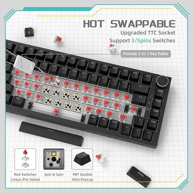 ATTACK SHARK x AJAZZ AK820 Teclado mecânico para jogos com fio 75% com botão CNC,ANSI,junta,5 espumas de absorção de som,interruptor vermelho hot-swap,retroiluminação branca,para PC MAC(Preto)